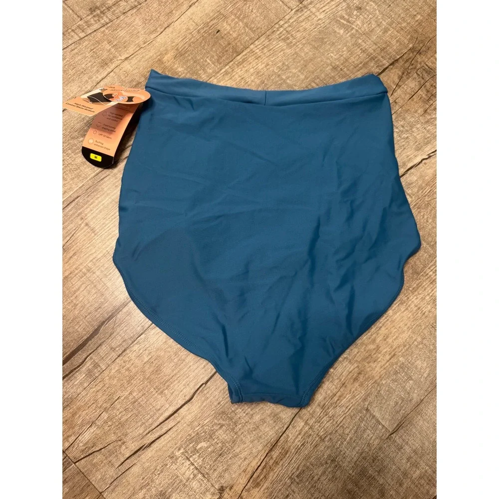 Shapermint Essentials High Waisted Control Bikini Bottom Teal Blue Ruched Medium